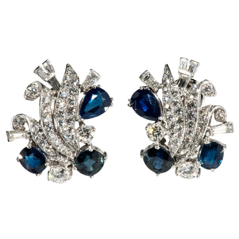 Retro platinum and Diamond Sapphire Earrings For Sale