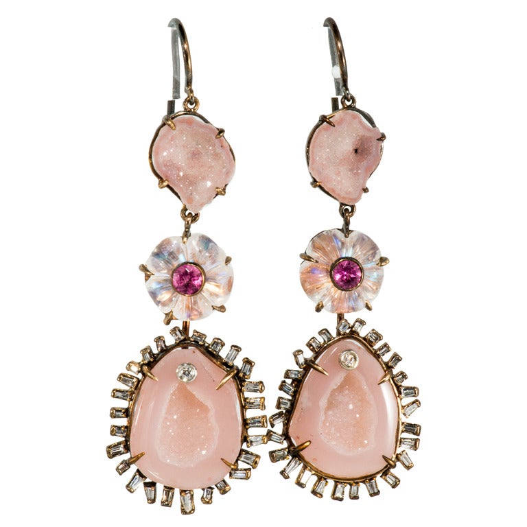 Magnificent Moonstone and pink Tourmaline Geode Earrings