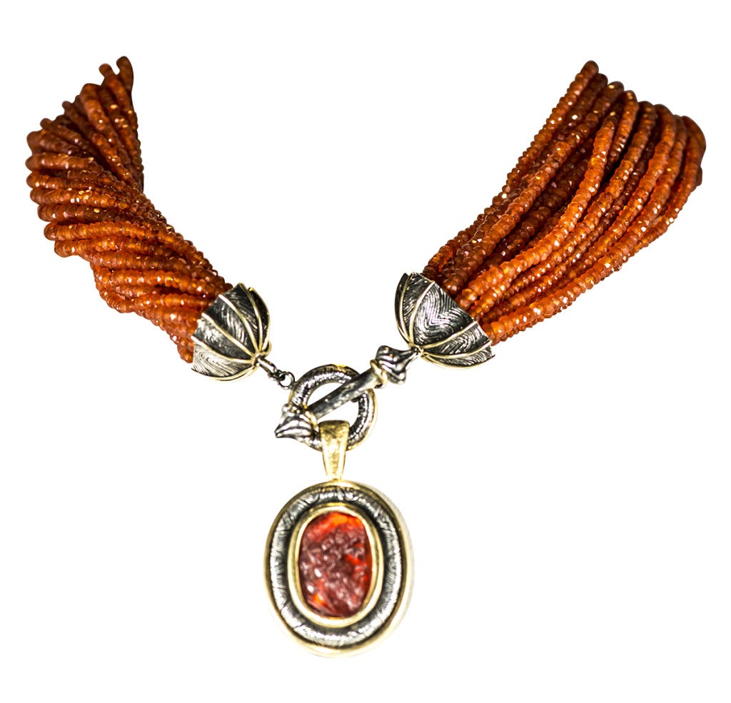 Fire Opal Torsade Necklace with carved cameo glass drop In New Condition For Sale In Houston, TX