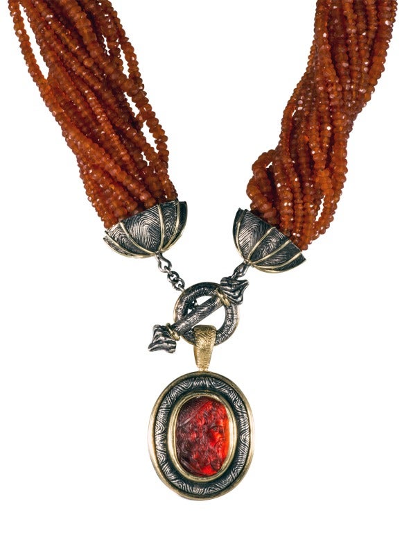 Fire Opal Torsade Necklace with carved cameo glass drop For Sale 3