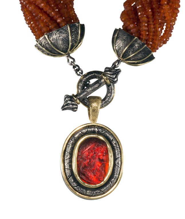 Fire Opal Torsade Necklace with carved cameo glass drop For Sale 4