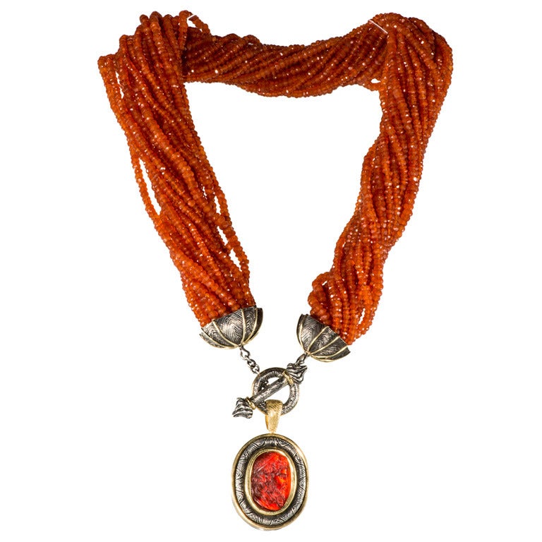 Fire Opal Torsade Necklace with carved cameo glass drop For Sale