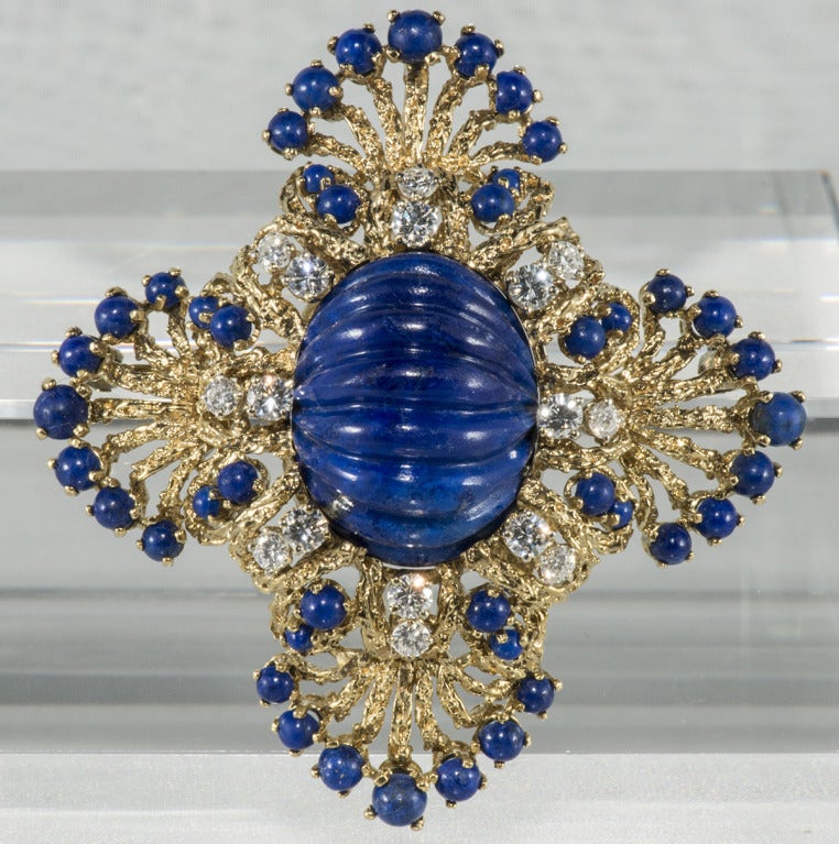 Large Carved Lapis Lazuli, Gold & Diamond Pendant/Brooch