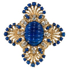 Large Carved Lapis Lazuli, Gold & Diamond Pendant/Brooch