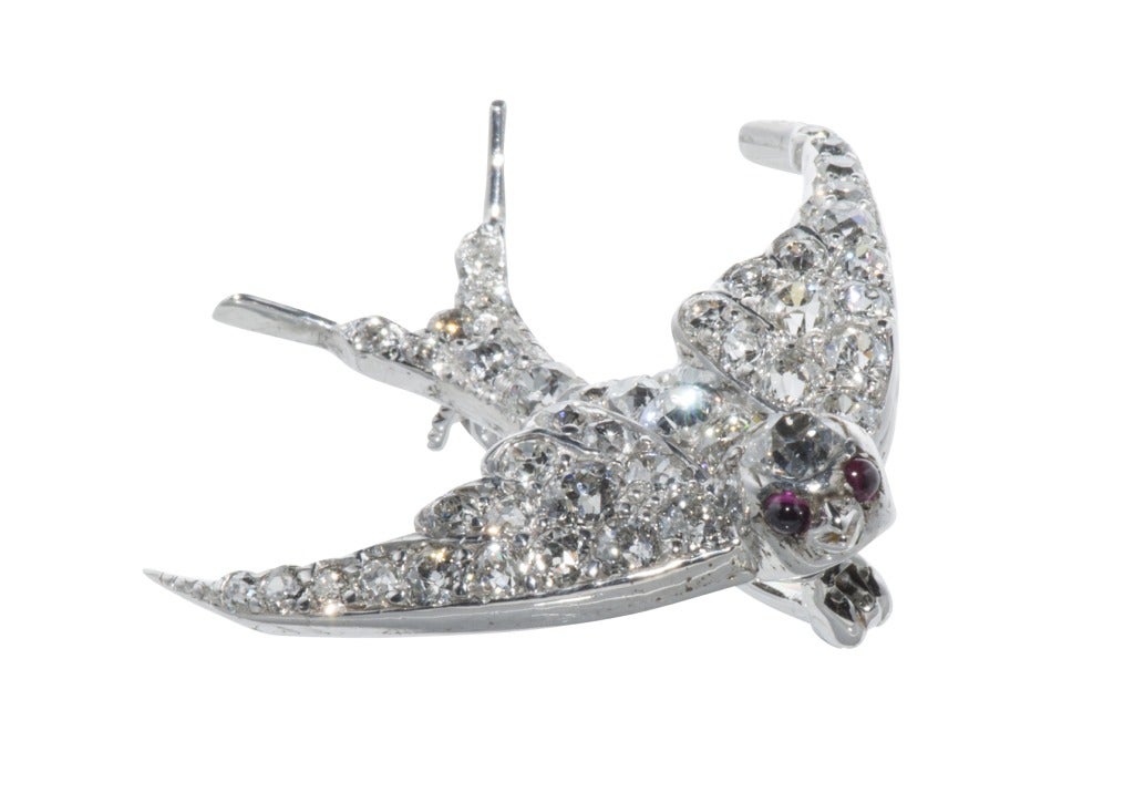 Feminine 3 ct diamond Swallow Brooch with 
cabochon ruby eyes.in 18 k white gold with silver.
Diamonds approx 3 cts.