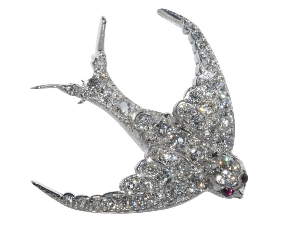  Diamond Swallow Brooch with Ruby eyes. In Excellent Condition For Sale In Houston, TX