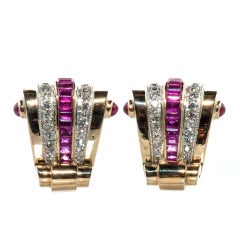 Retro Gold Ruby and Diamond  Earrings 