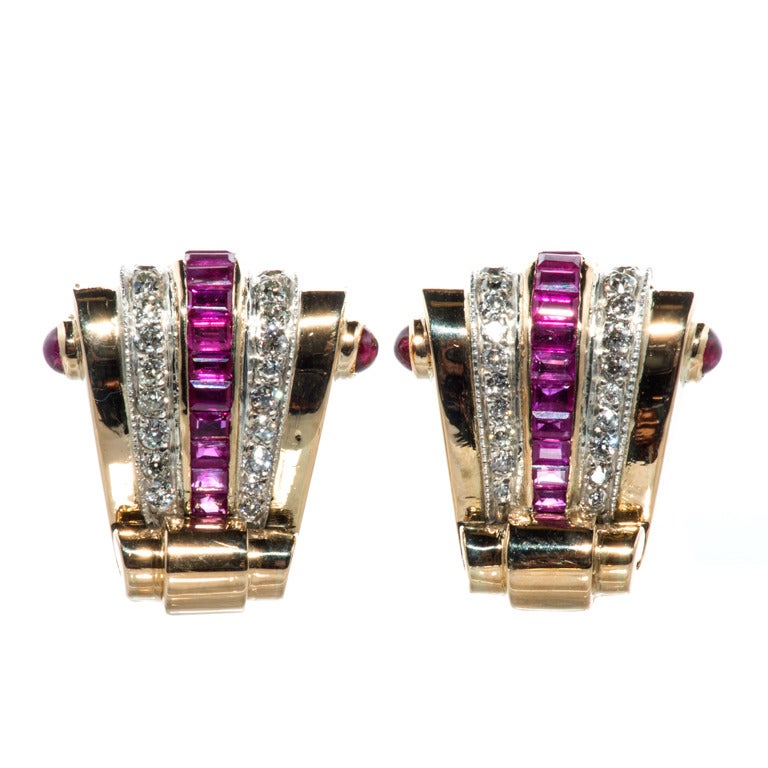 Retro Gold Ruby and Diamond  Earrings  For Sale