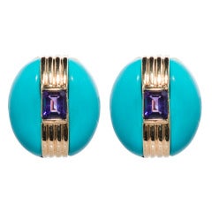 Turquoise and gold clip earrings with amethyst.