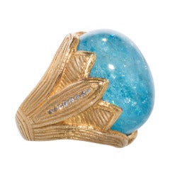 Large Aquamarine Cabochon Gold Ring