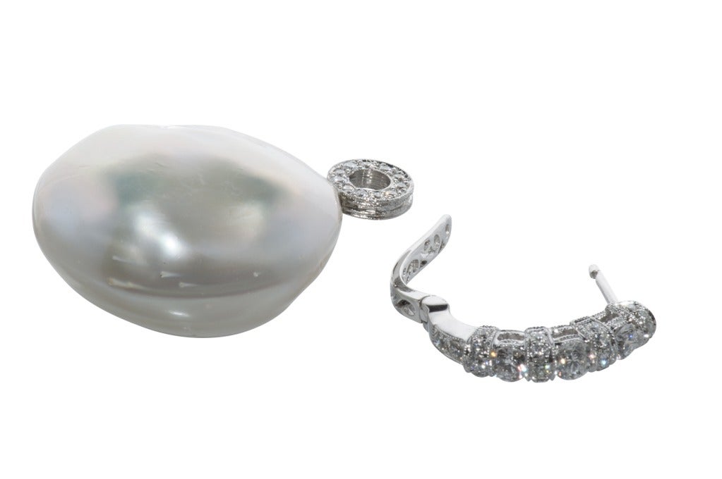 Women's Large Button Pearl Earrings on Diamond Huggie Loops