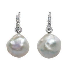 Large Button Pearl Earrings on Diamond Huggie Loops