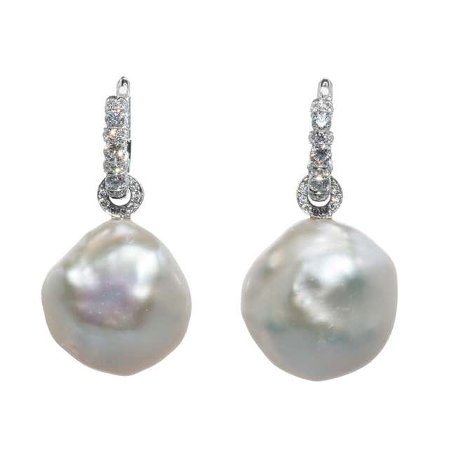 Large Button Pearl Earrings on Diamond Huggie Loops at 1stDibs