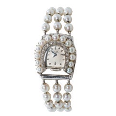 Vintage Lucien Piccard Lady's White Gold, Diamond and Pearl Bracelet Watch