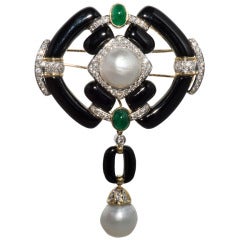 Dramatic South Sea Pearl Onyx Emerald Diamond Brooch
