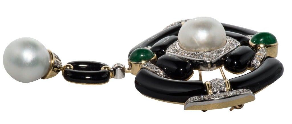 Art Deco Dramatic South Sea Pearl Onyx Emerald Diamond Brooch