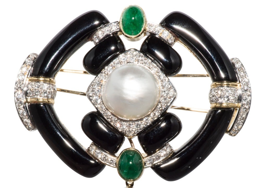 Dramatic South Sea Pearl Onyx Emerald Diamond Brooch In Excellent Condition In Houston, TX
