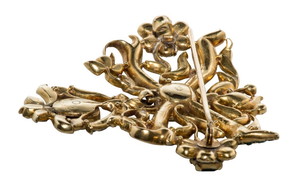 Amazing 18th Century Iberian Colombian Emerald 24k Gold Brooch.