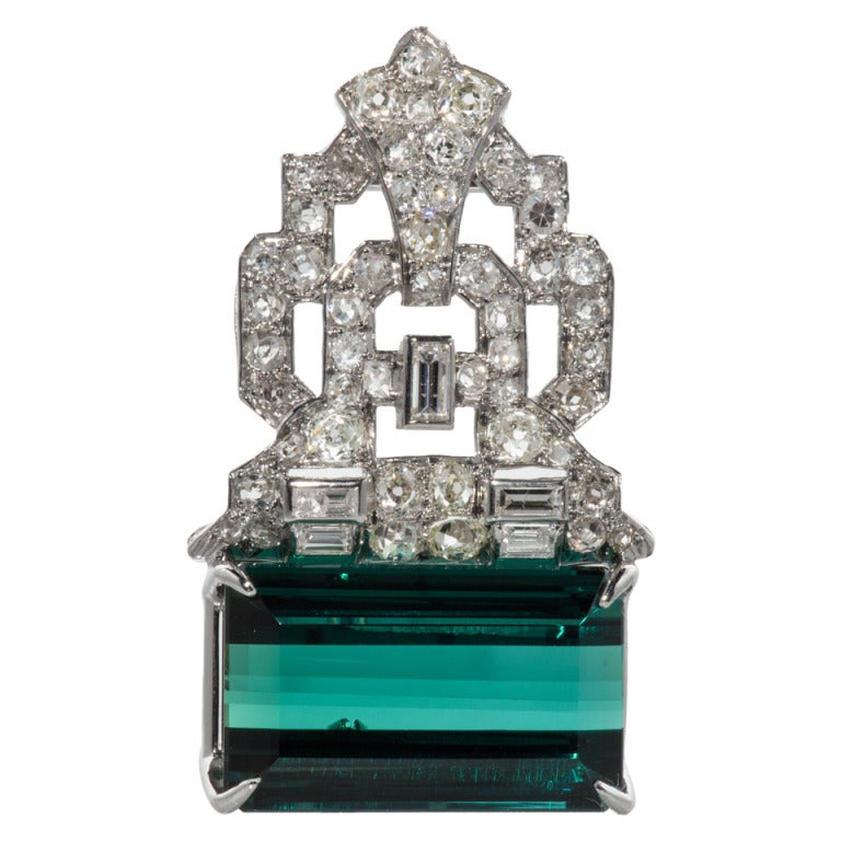 Important Indicolite Tourmaline and Diamond Brooch For Sale