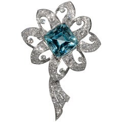Lovely Aquamarine Diamond Flower Brooch