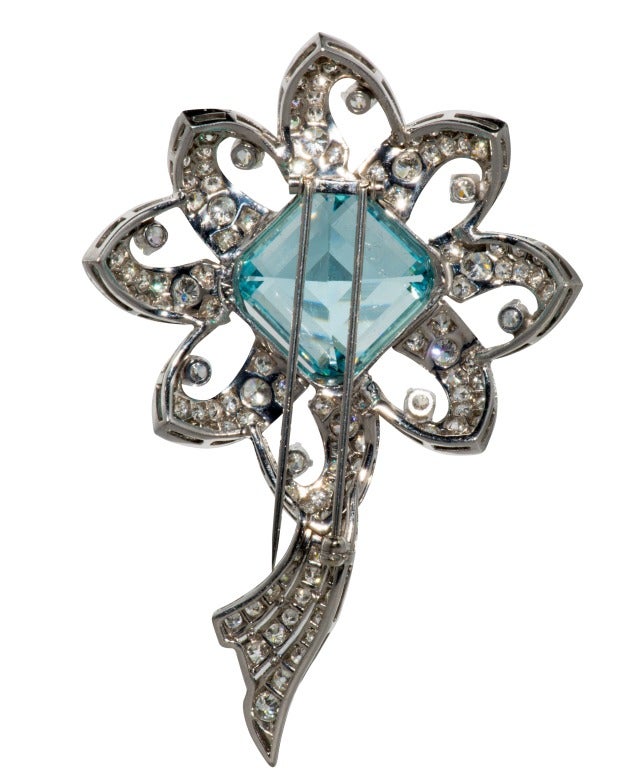 Lovely Aquamarine and Diamond Flower Brooch in Platinum
Aqua- 29.17 carats
Diamonds 6.14 Carats