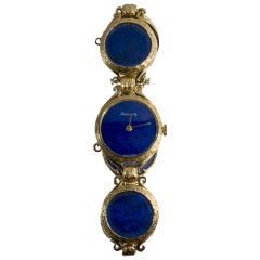 Lady's Yellow Gold and Lapis Lazuli Bracelet Watch Retailed by Sakowitz circa 1960s