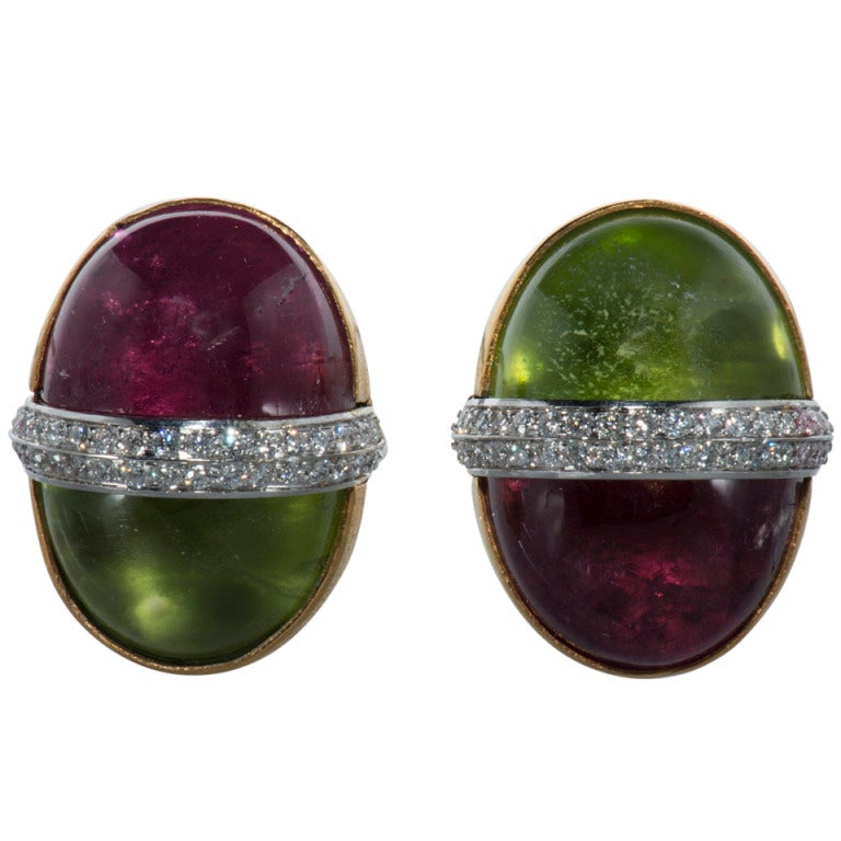 Wayne Smith Cabochon Rubelite Peridot Diamond Earrings