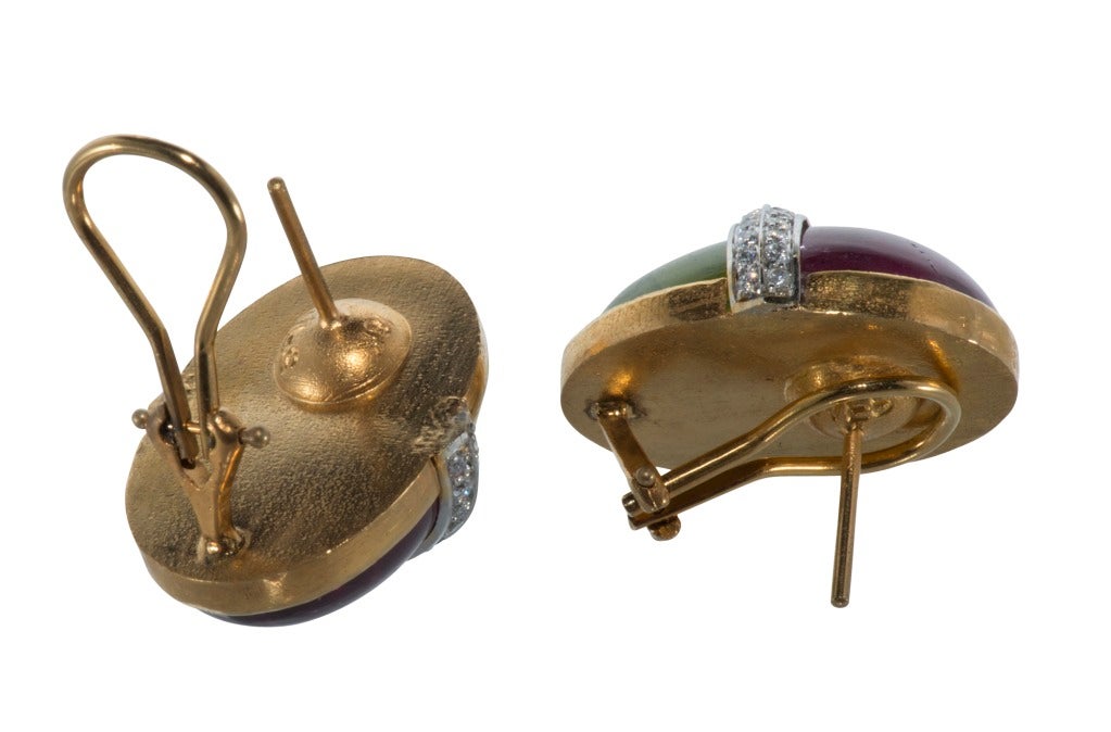 18k Rubelite, Peridot and Diamond Earrings. Signed WFS.
