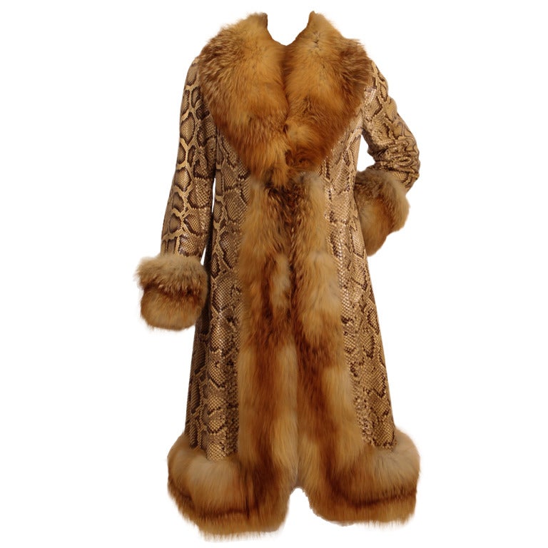 Madelene Paris 1970s Python coat fox trim