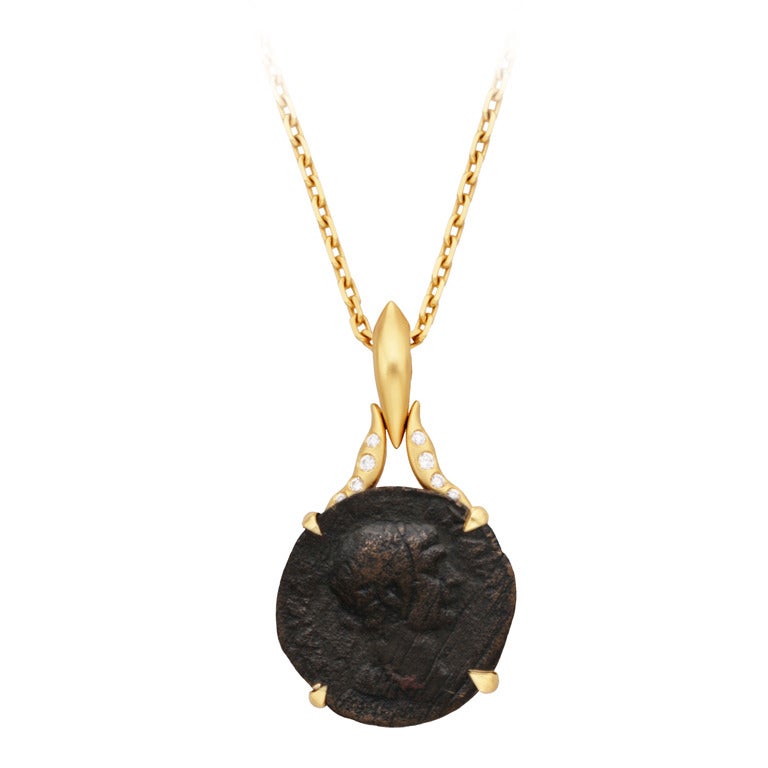 Donald Huber Ancient Roman Coin Diamond Matte Gold Pendant Necklace For Sale