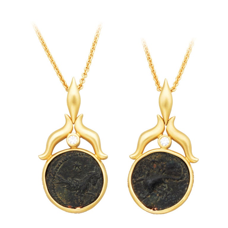Donald Huber Reversable Ancient Roman Coin Diamond Matte Gold Pendant Necklace For Sale