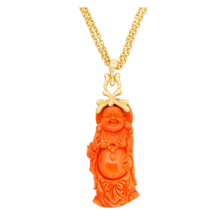 Donald Huber Red Coral Diamond Matte Gold Buddha Pendant Necklace For Sale