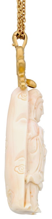 Donald Huber Coral Diamond  Gold Quan Yin Necklace