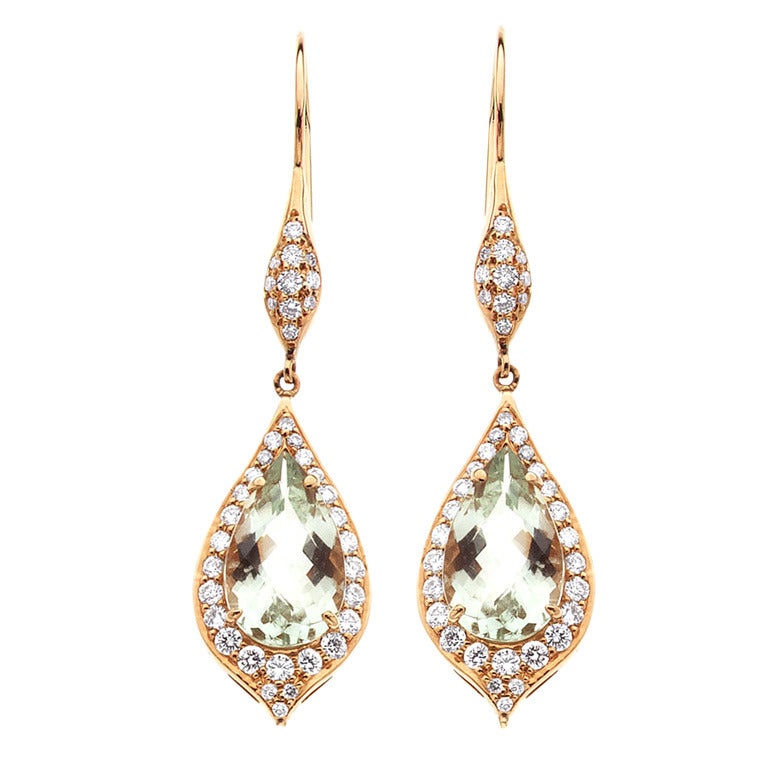 Donald Huber Green Beryl Diamond Teardrop Earrings For Sale