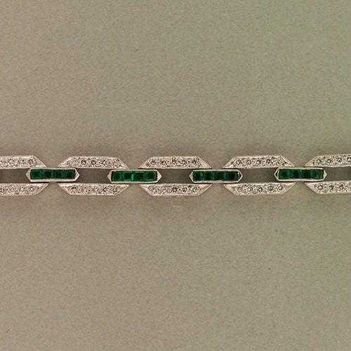 Women's Art Deco Emerald Diamond Link Bracelet