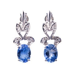 1950s Oval Sapphire Diamond Gold Dangle Earrings 5