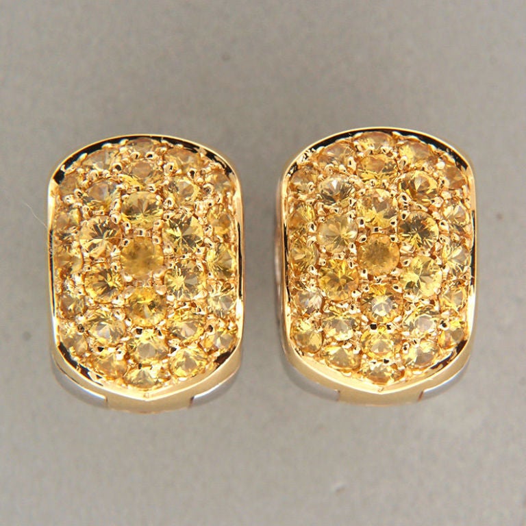 Yellow Sapphire Diamond White Gold Huggie Earrings In Excellent Condition In Stamford, CT