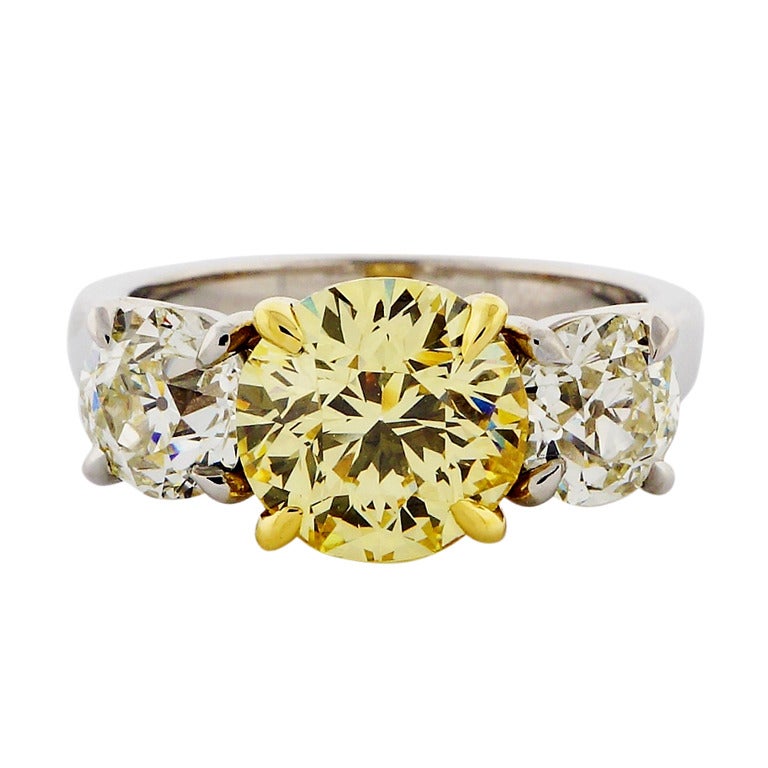 Old European Cut Yellow Diamond Platinum Gold Ring