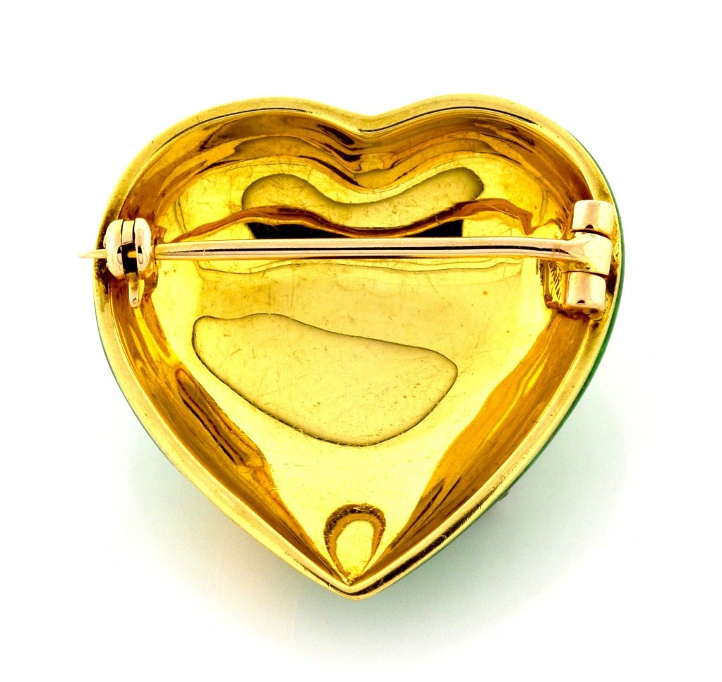 Tiffany & Co. Green Enamel Gold Heart Brooch In Excellent Condition For Sale In Stamford, CT