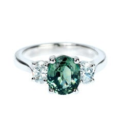 Peter Suchy Green Sapphire Diamond Three Stone Platinum Engagement Ring