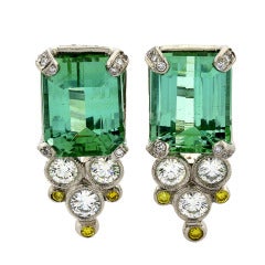 Green Tourmaline White Yellow Diamond Platinum Earrings 3