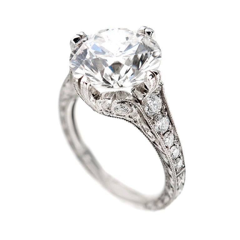 Hand Engraved Diamond Platinum Ring For Sale at 1stdibs