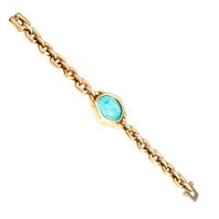 Natural Persian Turquoise Cameo Gold Link Bracelet