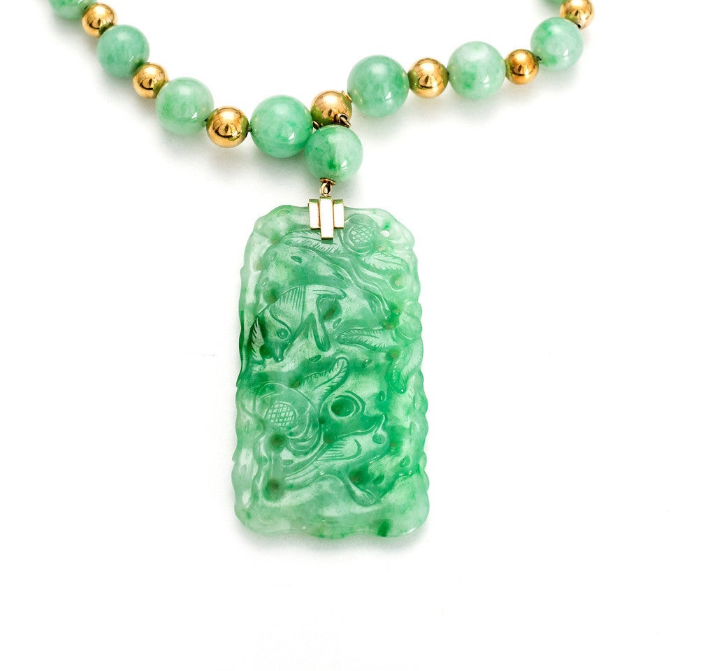 Natural Graduated Round Jadeite Jade Bead Gold Pendant Necklace at