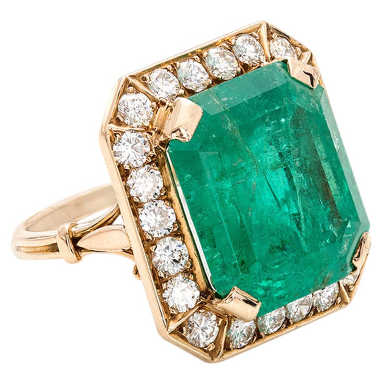 GIA Certified 18.75 Carat Emerald Diamond Halo Gold Cocktail Ring