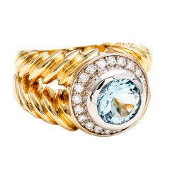 Aquamarine Diamond Halo Two Color Gold Swirl Ring 9