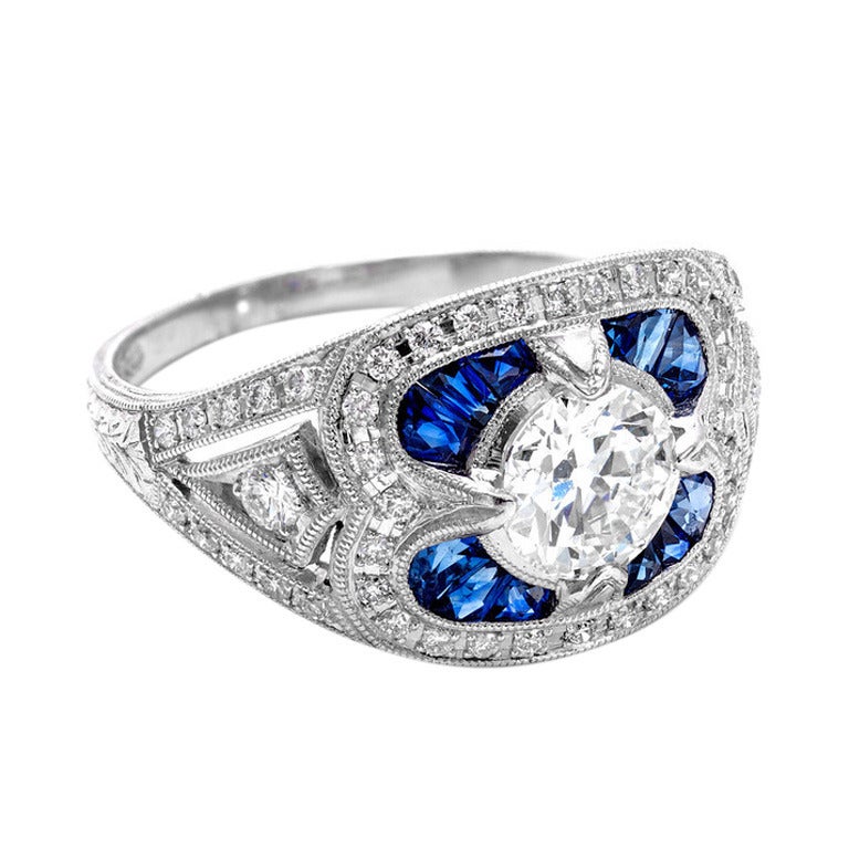 1920s Calibre Sapphire Diamond Platinum Ring at 1stdibs
