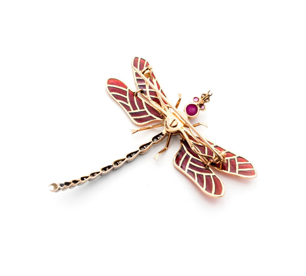 Retro Enamel Ruby Diamond Dragonfly Pin