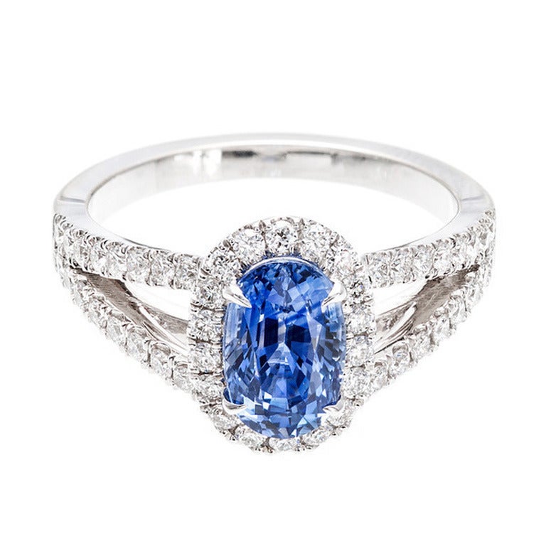 Peter Suchy Oval Sapphire Diamond Gold Split Shank Halo Engagement Ring