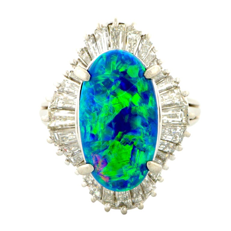 Black Oval Opal And Baguette Diamond Platinum Ring 1950-1960